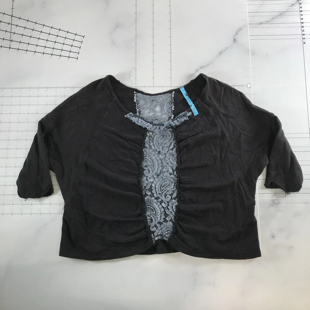 Free People Shirt Womens XS Black Lace Beaded Cropped Raglan 3/4 Sleeve Tee Top